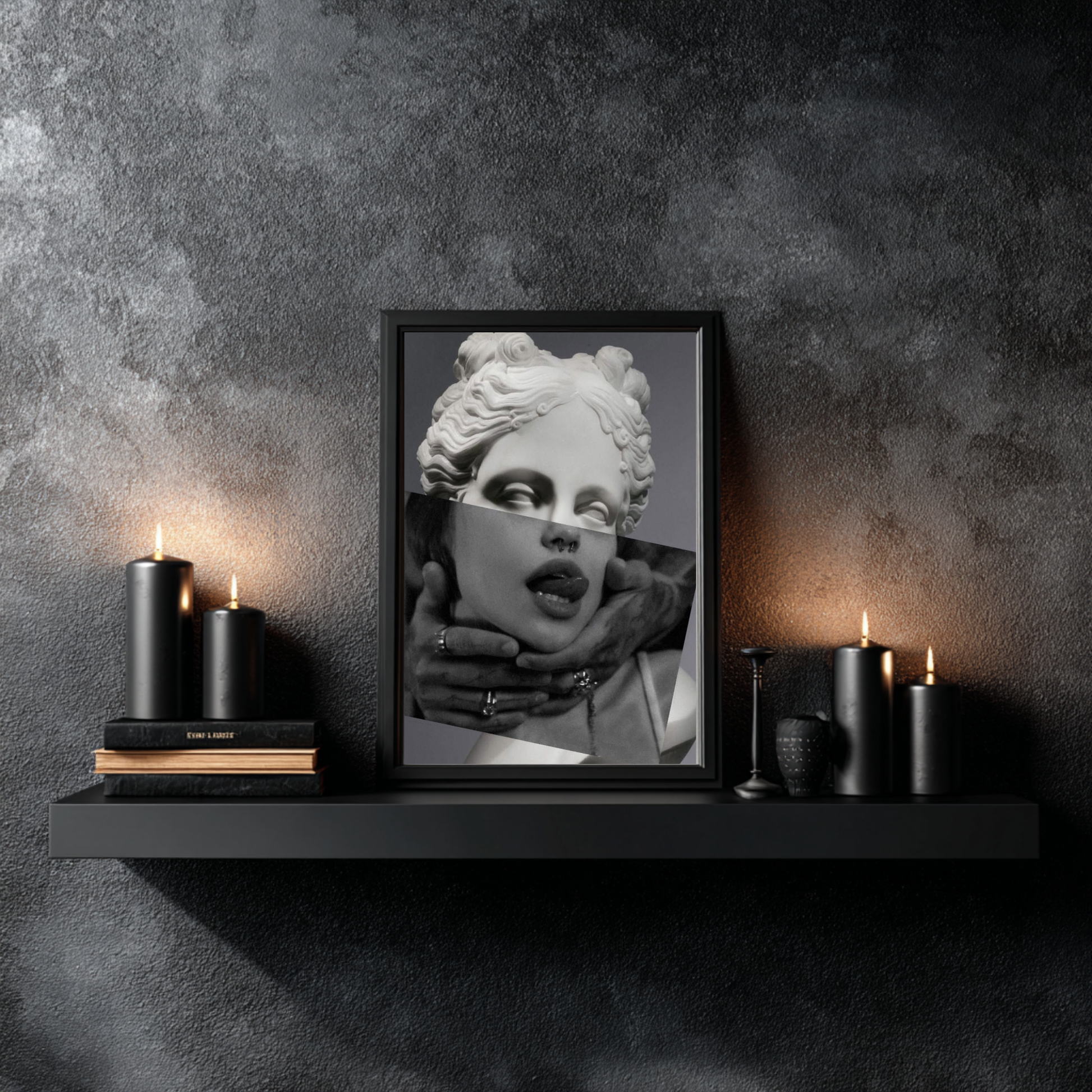 Surreal classical portrait wall art styled above floating shelf with candles, modern marble statue collage black and white wall decor