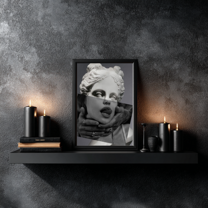 Surreal classical portrait wall art styled above floating shelf with candles, modern marble statue collage black and white wall decor