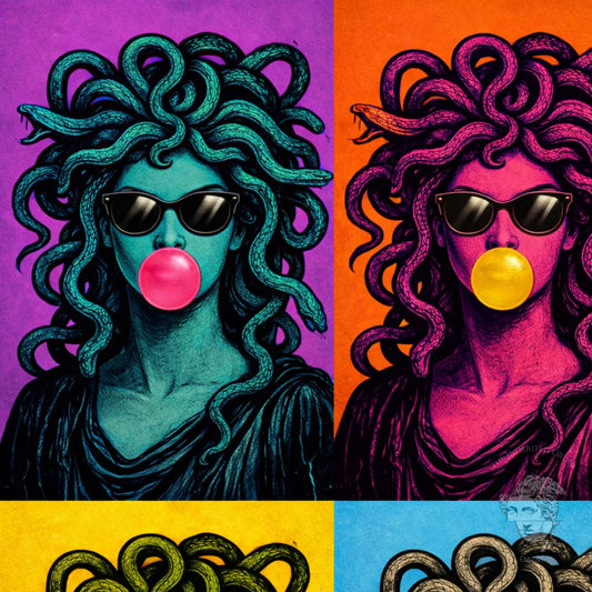 Close-up modern serpent pop art portrait detail, stylized woman with snakes and sunglasses blowing bubblegum, high contrast graphic illustration wall art print