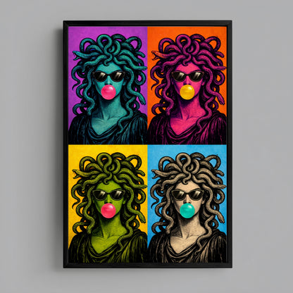 Modern serpent wall art in black frame on neutral wall, colorful pop art Medusa portrait with bubblegum, contemporary statement wall decor for living room, office, or studio