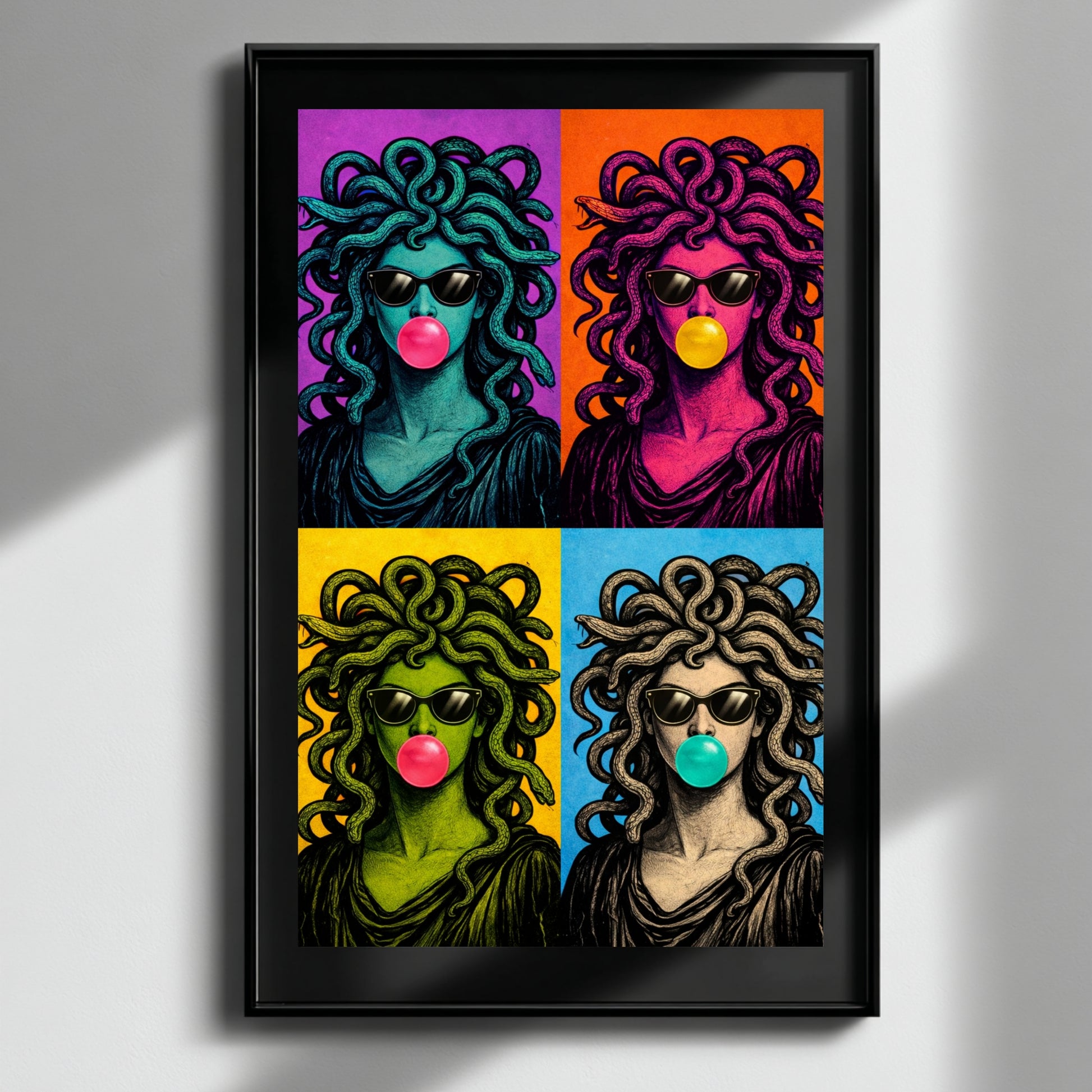 Contemporary serpent wall art in black frame on white wall, vibrant pop art woman with snakes portrait, bold vertical statement wall decor for minimalist modern interiors