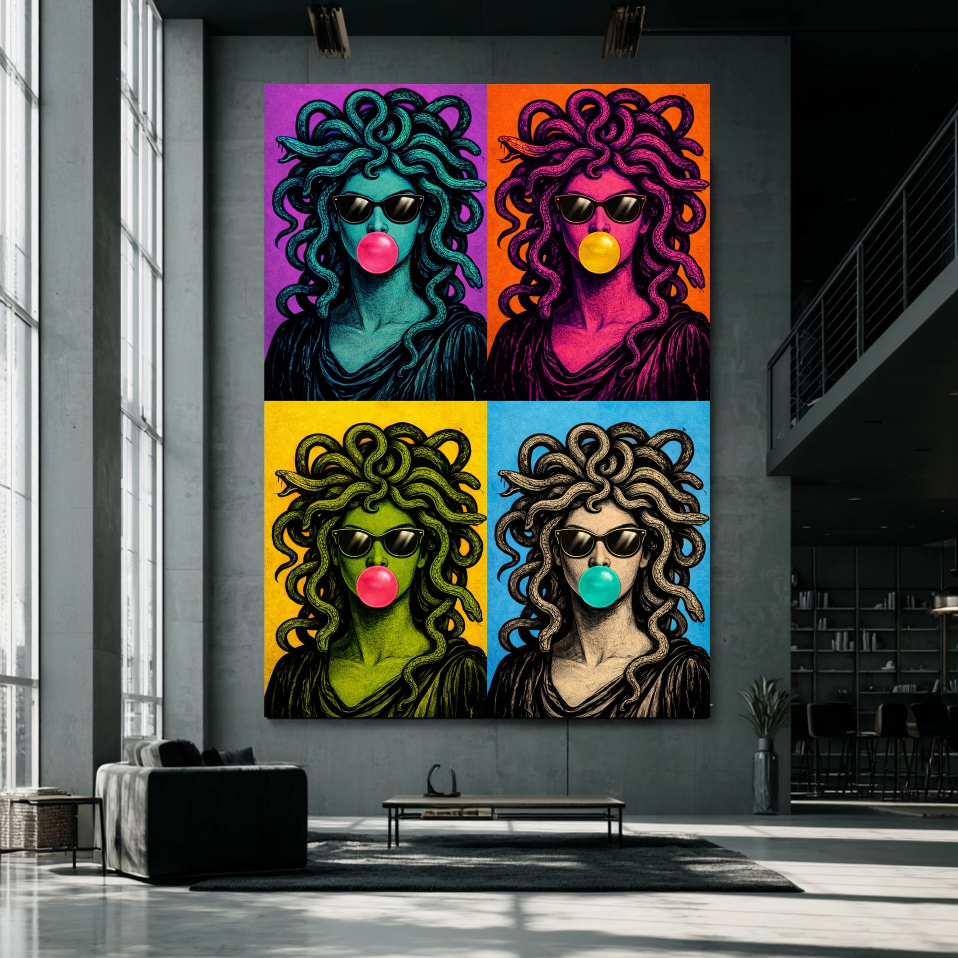 Oversized modern serpent wall art in industrial loft space, large pop art woman with snakes portrait, bold graphic statement artwork for contemporary gallery style interiors