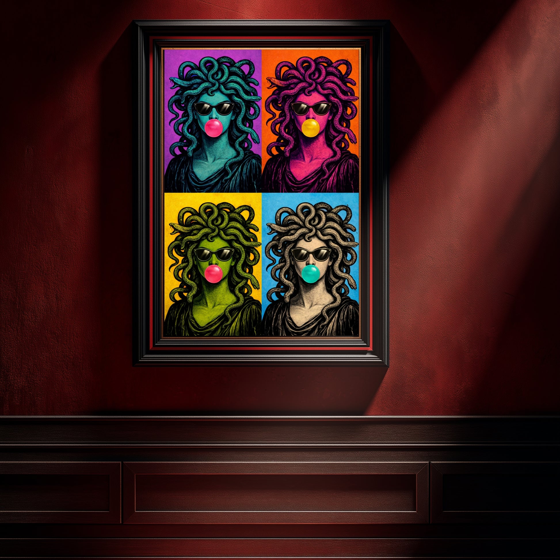 Modern serpent wall art in ornate gold frame on emerald gallery wall, pop art woman with snakes portrait, colorful bubblegum Medusa artwork, contemporary statement wall decor for luxury interior spaces