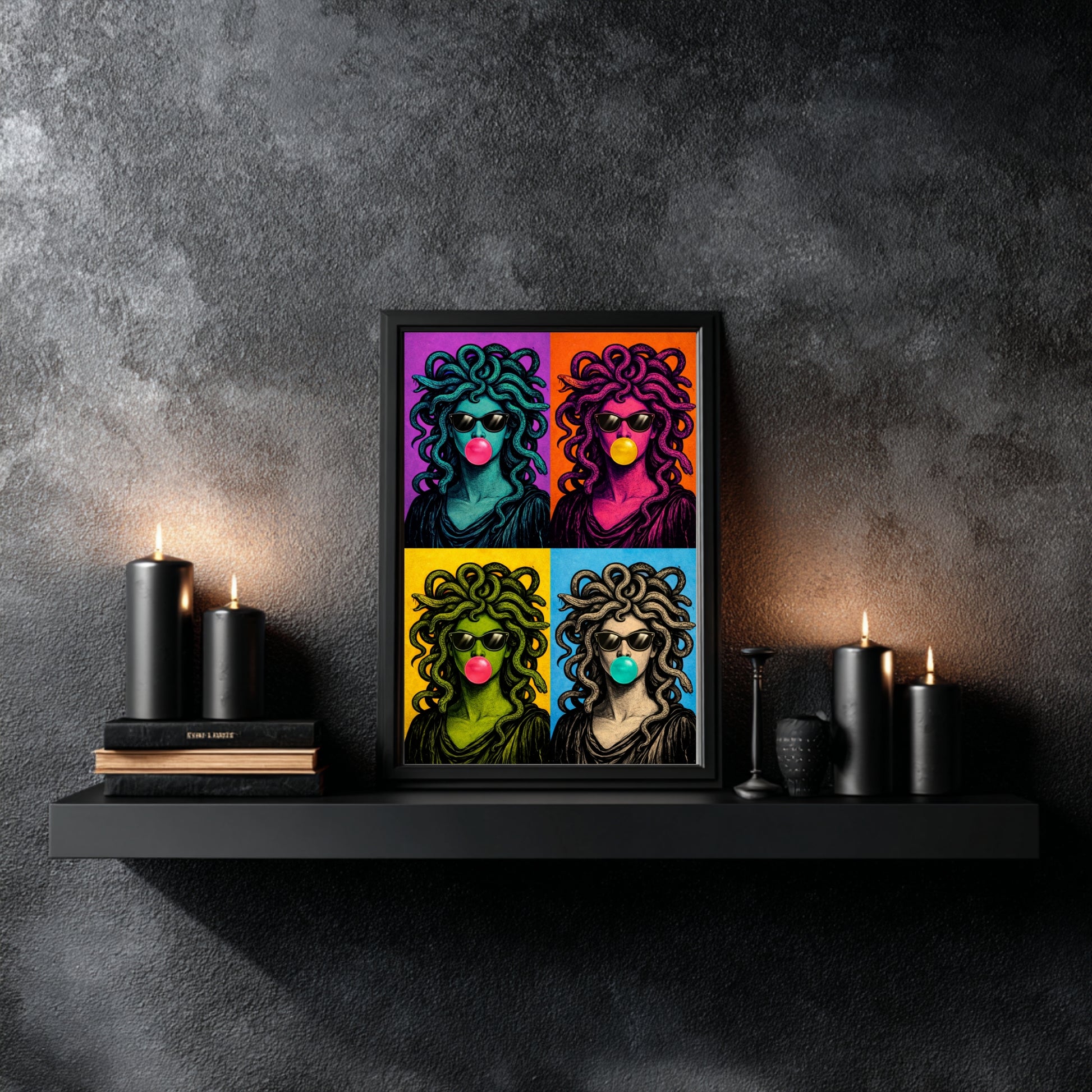 Modern serpent pop art wall decor in black frame on deep red wall, high contrast pop art woman with snakes and sunglasses, bold graphic illustration statement wall art for living room or office