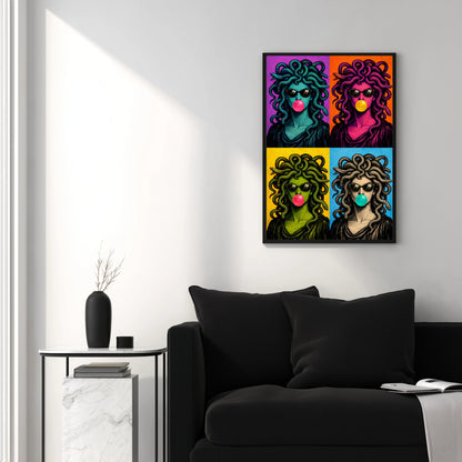 Modern serpent pop art wall decor above black sofa, colorful Medusa portrait with sunglasses and bubblegum, contemporary vertical statement wall art for living room design