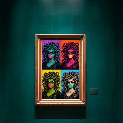 Modern serpent wall art in ornate gold frame on emerald gallery wall, pop art woman with snakes portrait, colorful bubblegum Medusa artwork, contemporary statement wall decor for luxury interior spaces