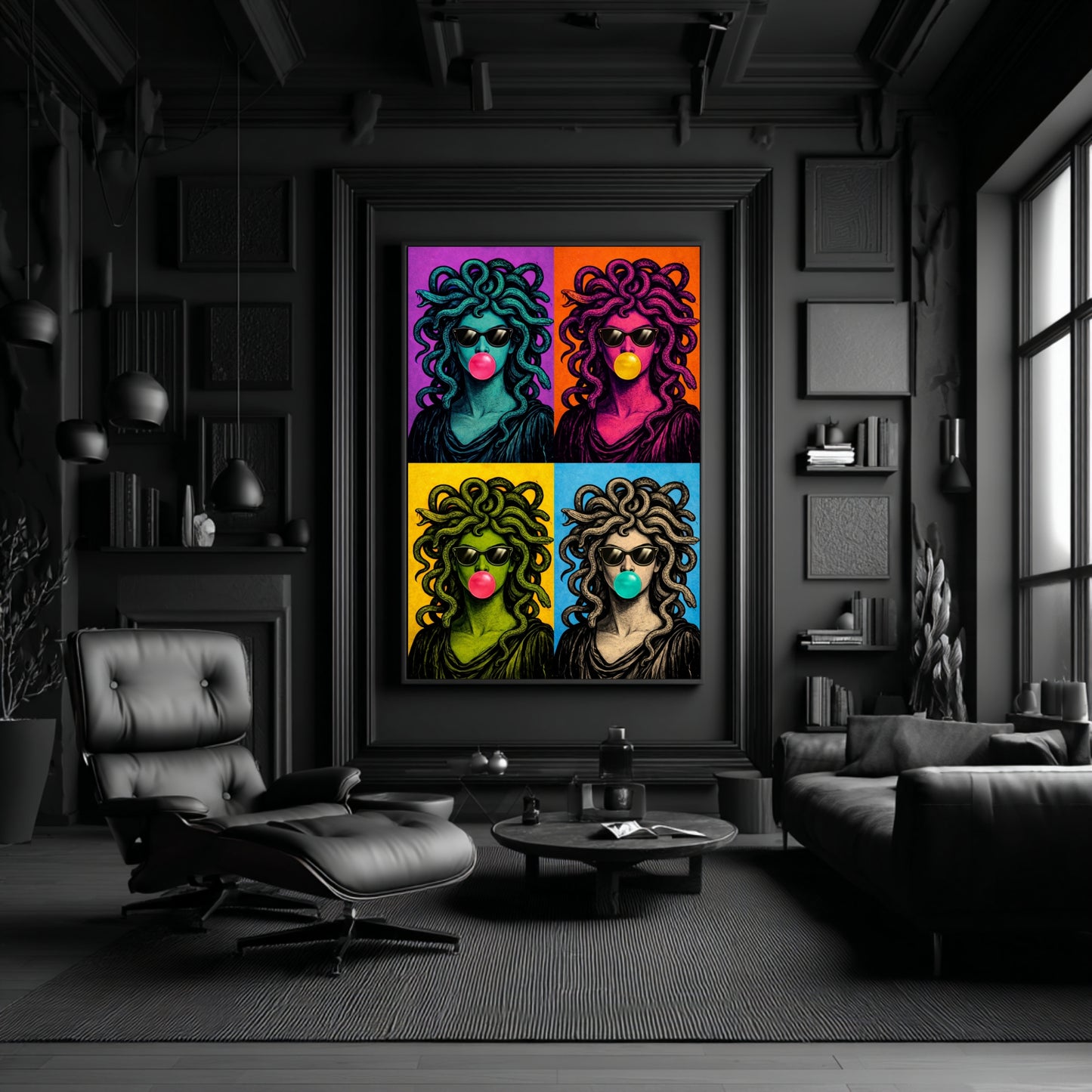 Large modern serpent wall art in dark luxury living room, oversized pop art Medusa portrait with sunglasses and bubblegum, contemporary statement wall decor for modern residential interiors