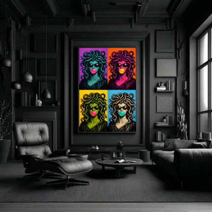 Large modern serpent wall art in dark luxury living room, oversized pop art Medusa portrait with sunglasses and bubblegum, contemporary statement wall decor for modern residential interiors