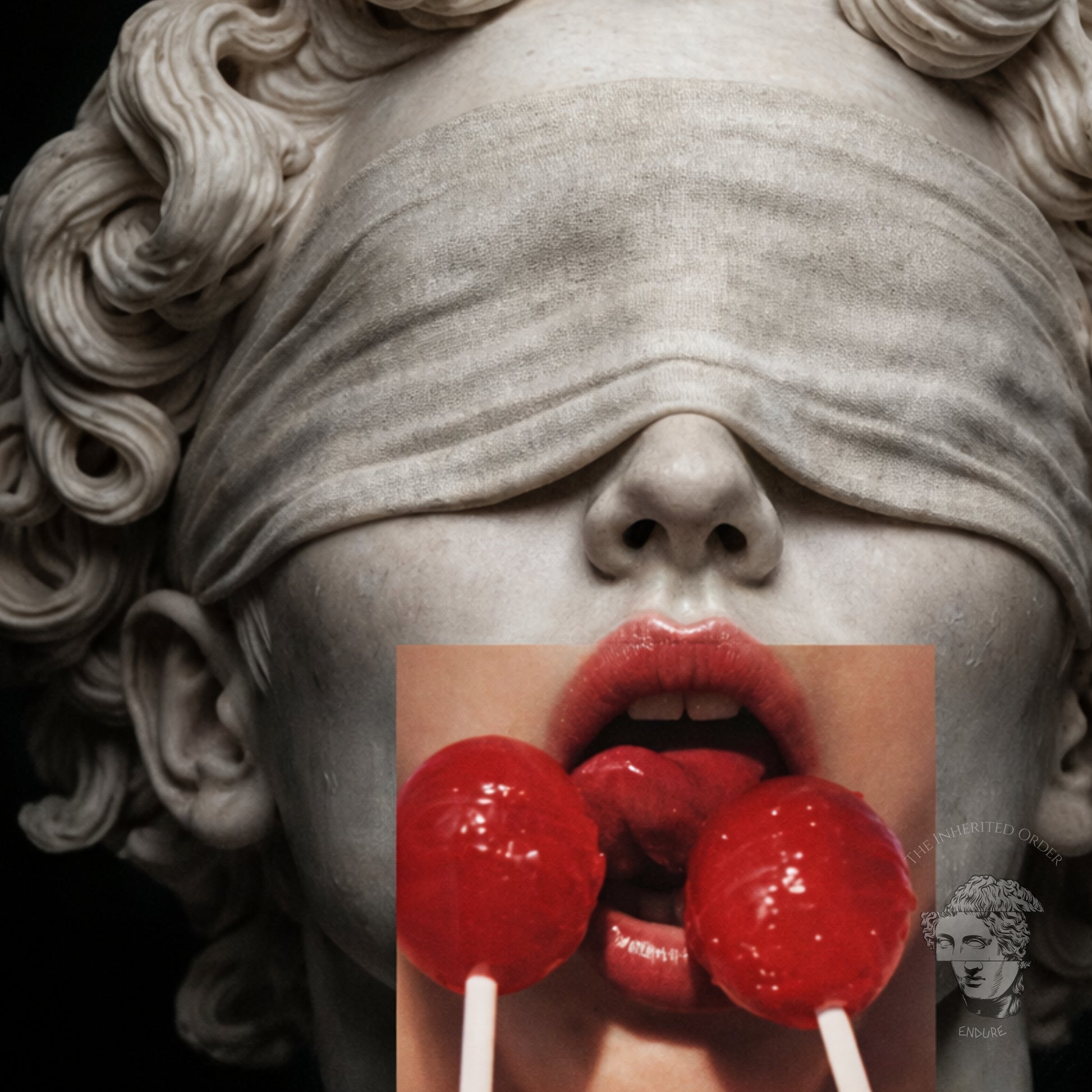 High-contrast black and white classical statue wall art with red pop elements, contemporary statement artwork