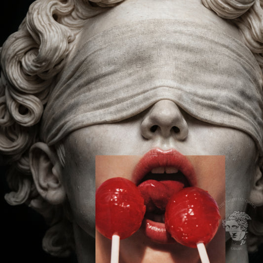 High-contrast black and white classical statue wall art with red pop elements, contemporary statement artwork