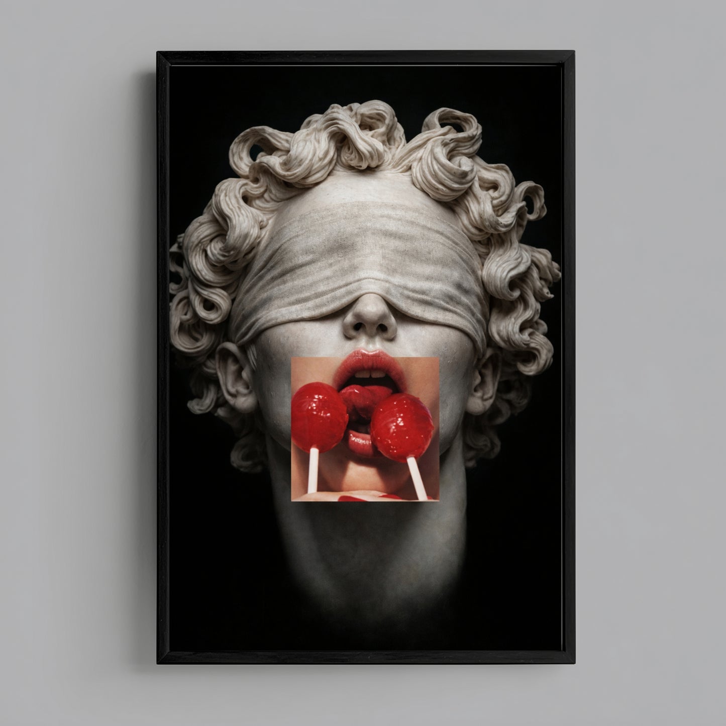Surreal classical portrait wall art in sleek black frame, modern vertical art print with red lollipops