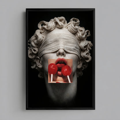 Surreal classical portrait wall art in sleek black frame, modern vertical art print with red lollipops