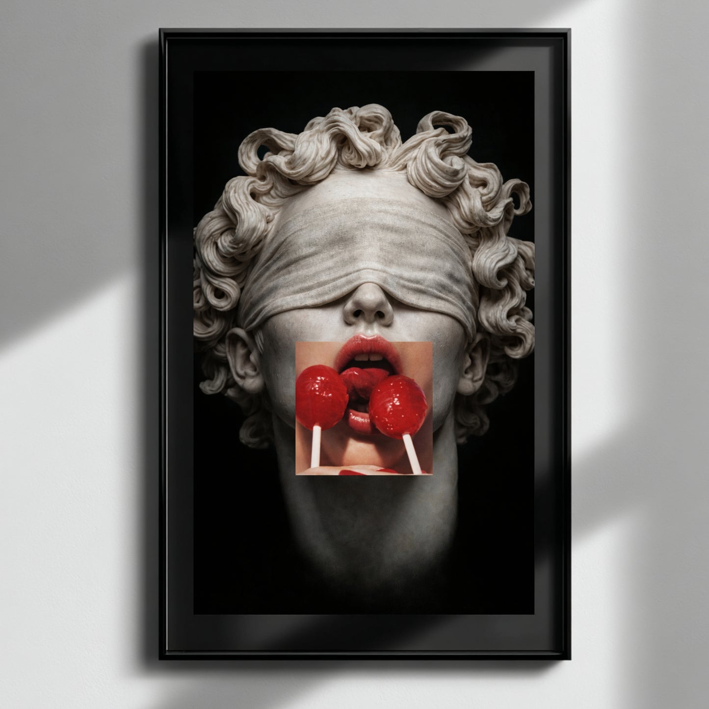 Close-up surreal statue wall art with red lollipops and blindfold detail, contemporary pop-inspired artwork