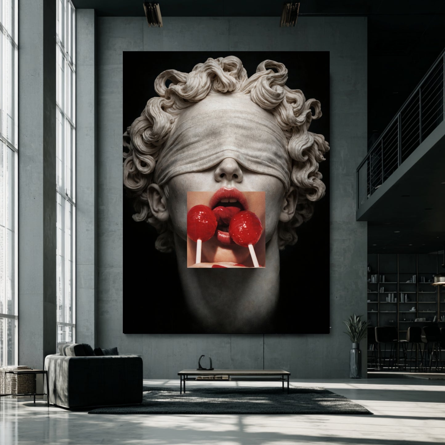 Oversized surreal statue artwork installed in modern loft space, contemporary classical wall decor focal piece