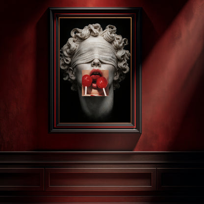 Classical sculpture head with blindfold and red lollipops framed on deep red wall, contemporary surreal wall decor