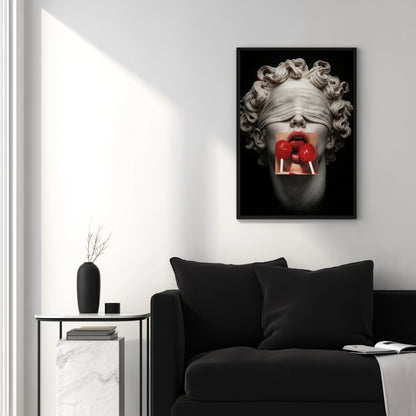 Gallery-style framed surreal classical sculpture art print with red lollipop detail, modern office wall decor