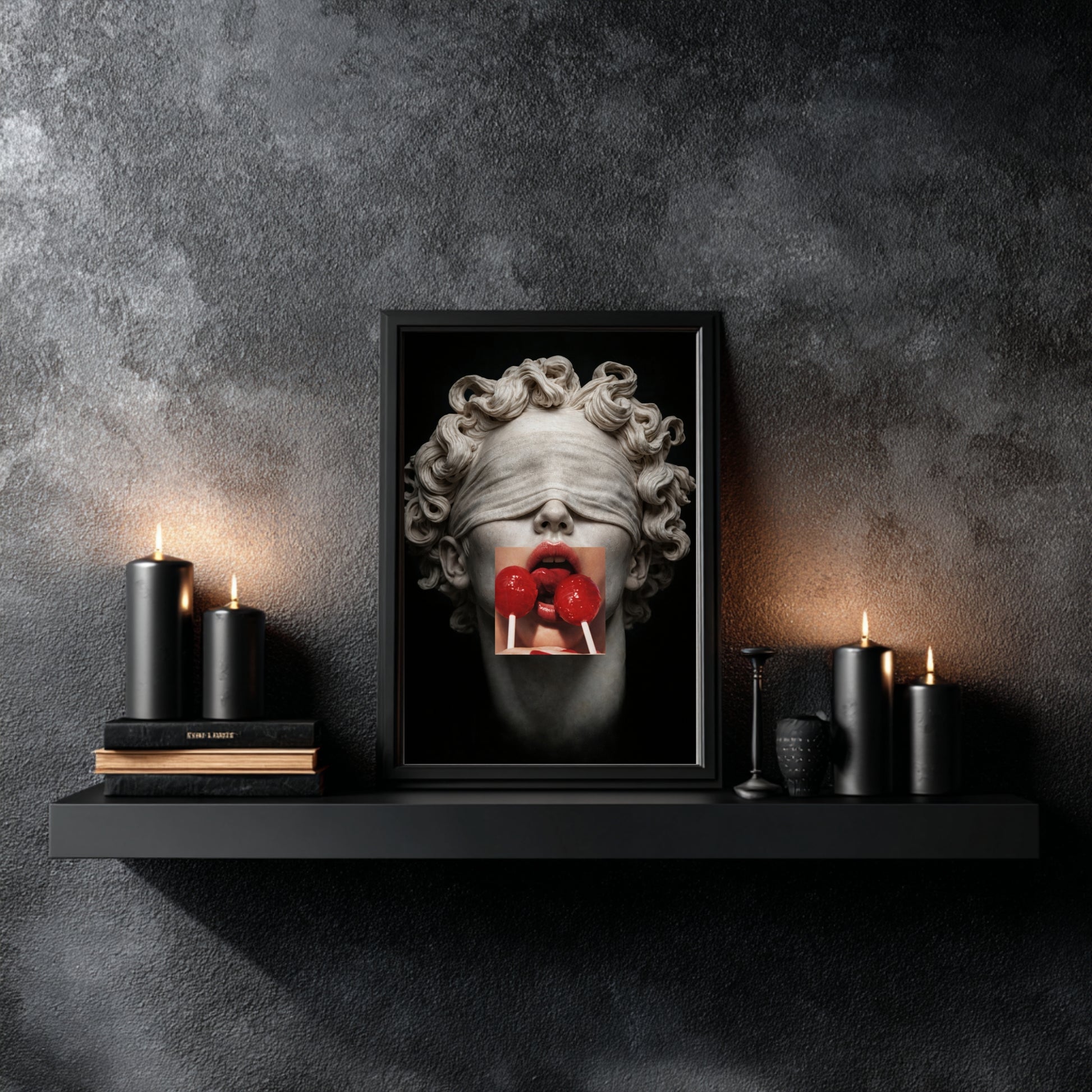 Modern classical sculpture wall art in black frame styled above shelf with candles, surreal statement art print