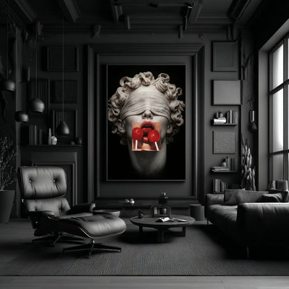 Classical sculpture head with blindfold and red lollipops framed on deep red wall, contemporary surreal wall decor