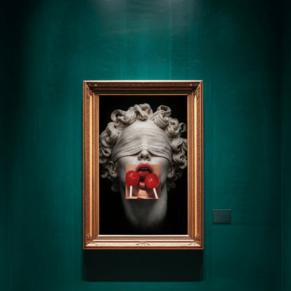 Surreal classical statue wall art with red lollipops in ornate gold frame on emerald gallery wall, modern statement art print