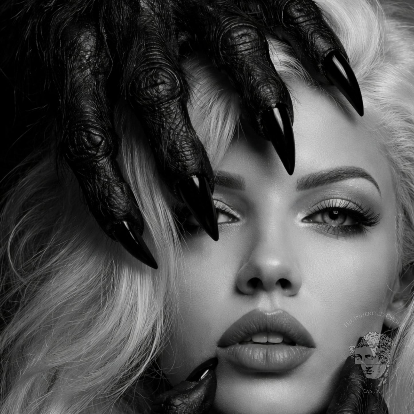 Close-up detail of black and white surreal woman portrait wall art featuring dark claw hands and high-contrast monochrome facial composition