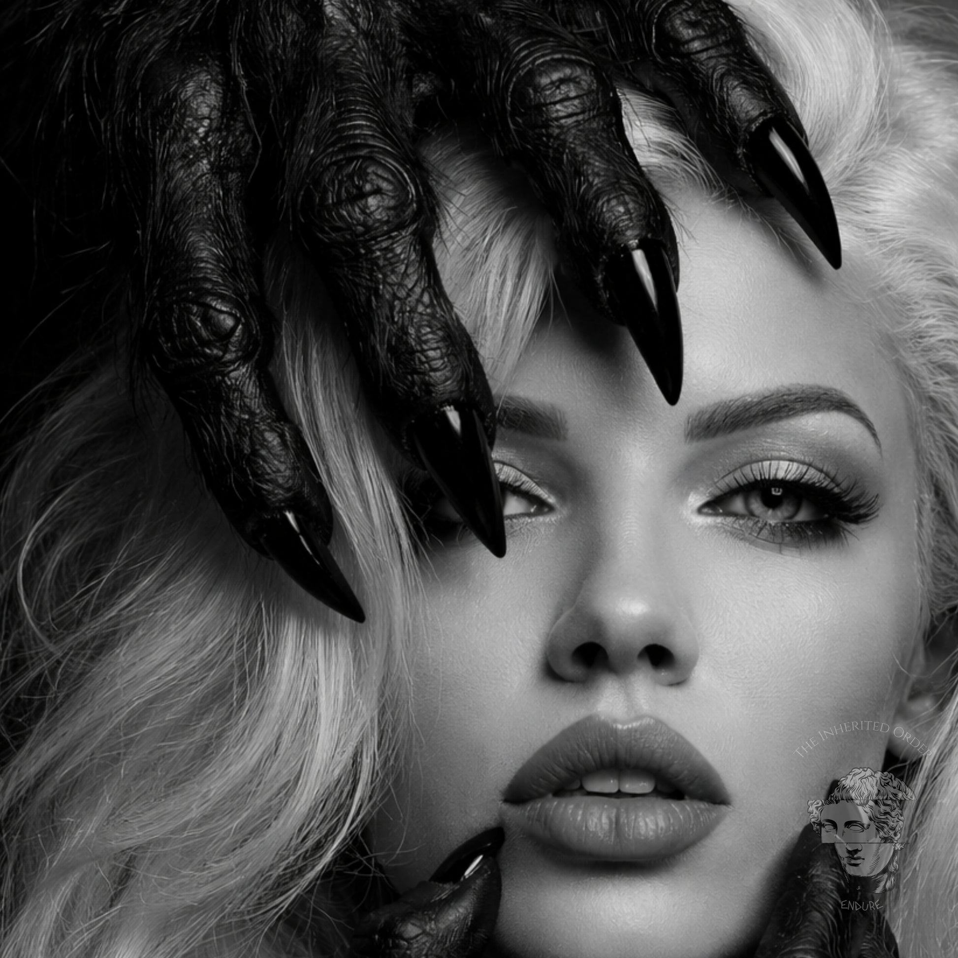 Close-up detail of black and white surreal woman portrait wall art featuring dark claw hands and high-contrast monochrome facial composition