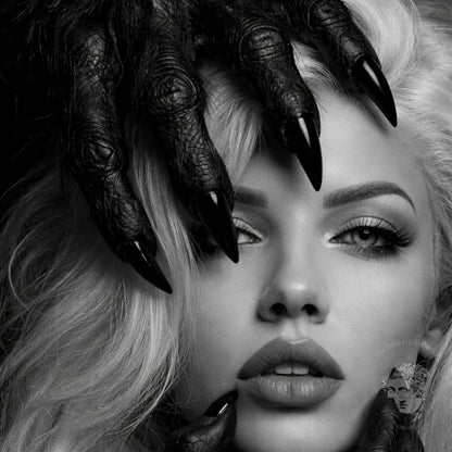 Close-up detail of black and white surreal woman portrait wall art featuring dark claw hands and high-contrast monochrome facial composition