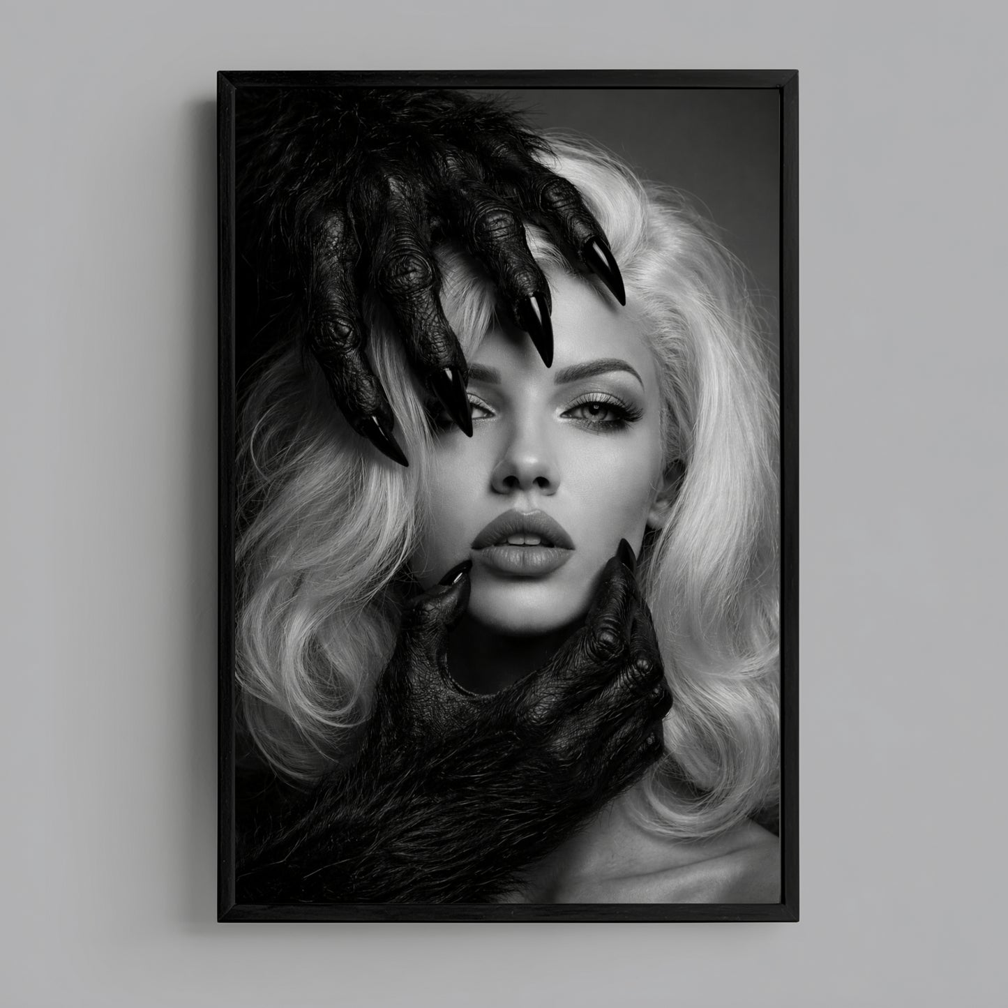 Black and white surreal woman portrait wall art in sleek black frame on clean white wall, vertical modern monochrome statement art print