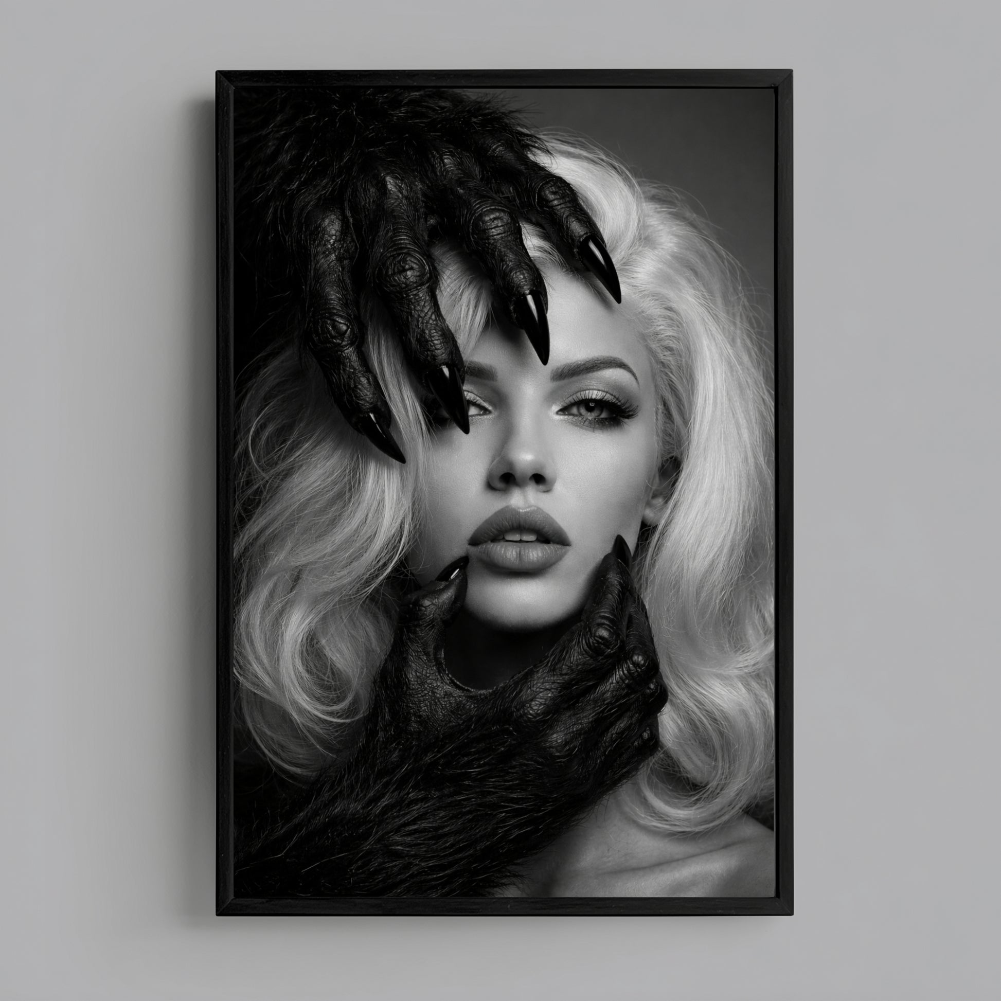 Black and white surreal woman portrait wall art in sleek black frame on clean white wall, vertical modern monochrome statement art print