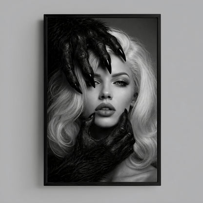 Black and white surreal woman portrait wall art in sleek black frame on clean white wall, vertical modern monochrome statement art print