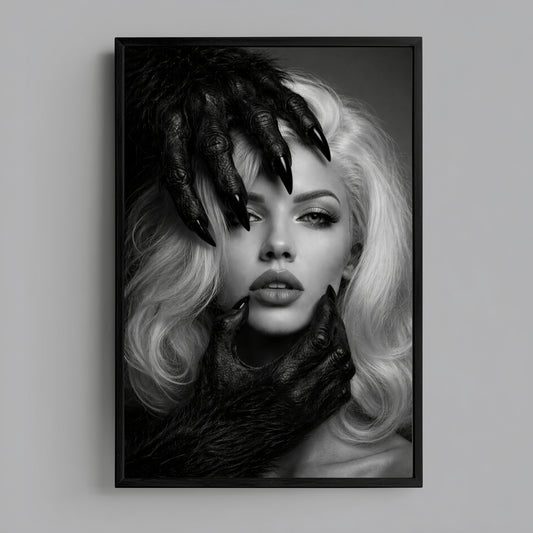 Black and white surreal woman portrait wall art in sleek black frame on clean white wall, vertical modern monochrome statement art print