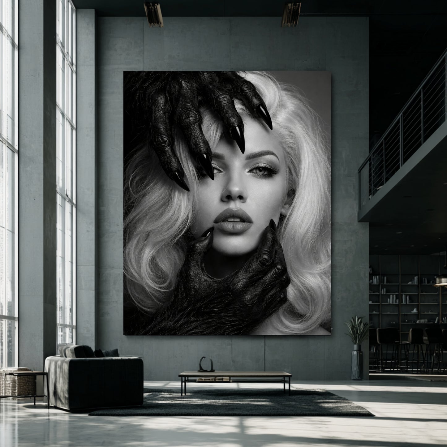 Oversized black and white surreal woman portrait wall art in industrial concrete interior, bold monochrome statement artwork for contemporary spaces