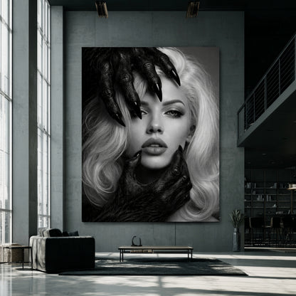 Oversized black and white surreal woman portrait wall art in industrial concrete interior, bold monochrome statement artwork for contemporary spaces