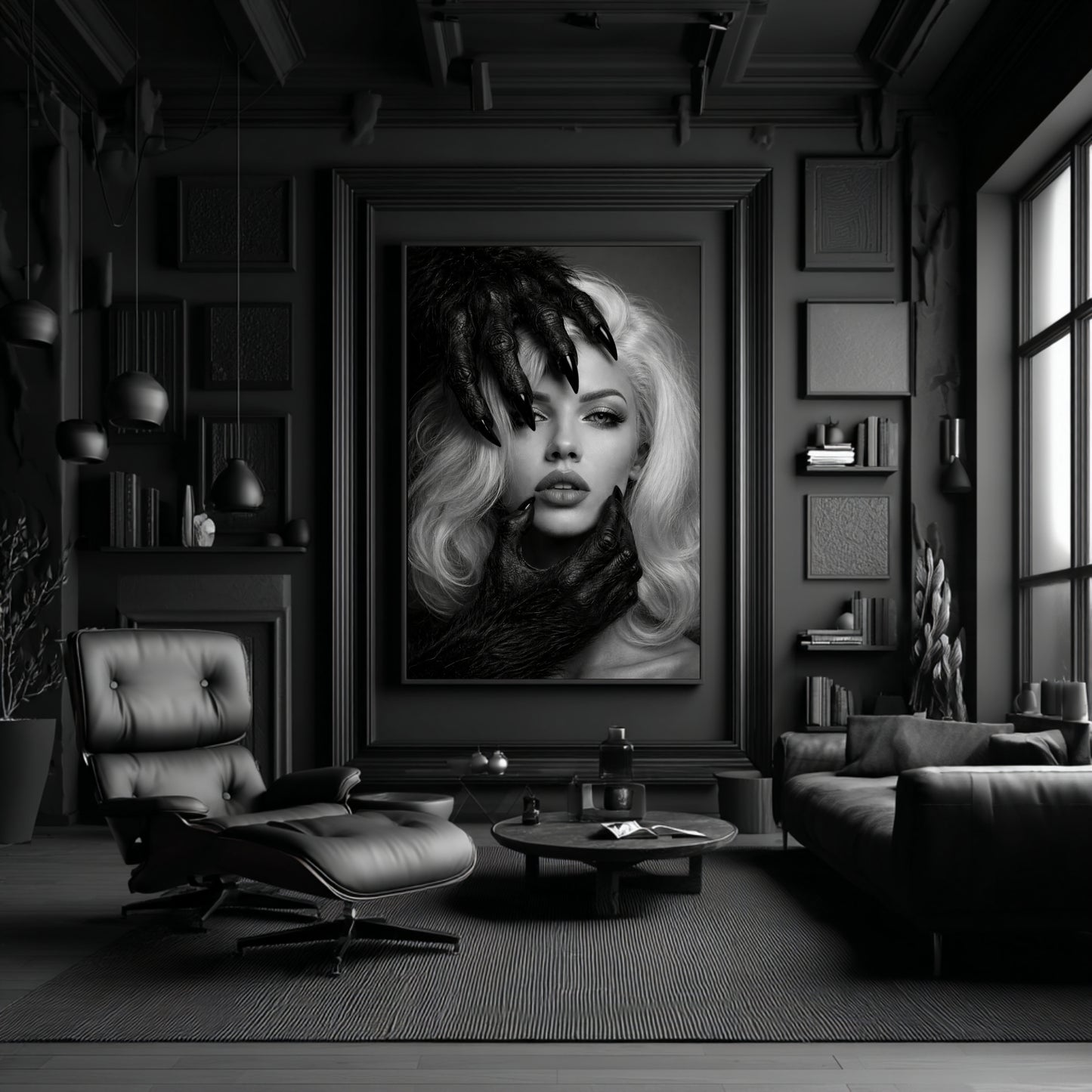 Large black and white surreal woman portrait wall art featured in modern black living room, oversized monochrome statement artwork as focal wall decor