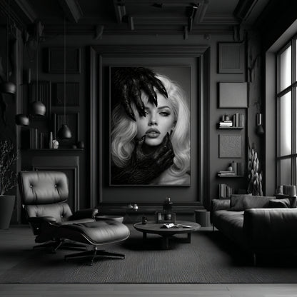 Large black and white surreal woman portrait wall art featured in modern black living room, oversized monochrome statement artwork as focal wall decor