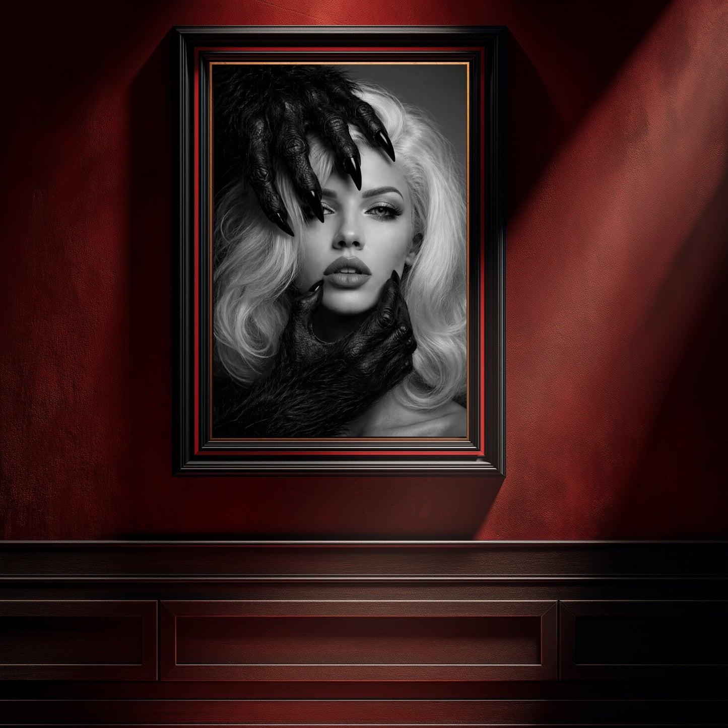Black and white surreal woman portrait wall art on deep red wall with dramatic lighting, high-contrast monochrome statement art print for modern interior decor