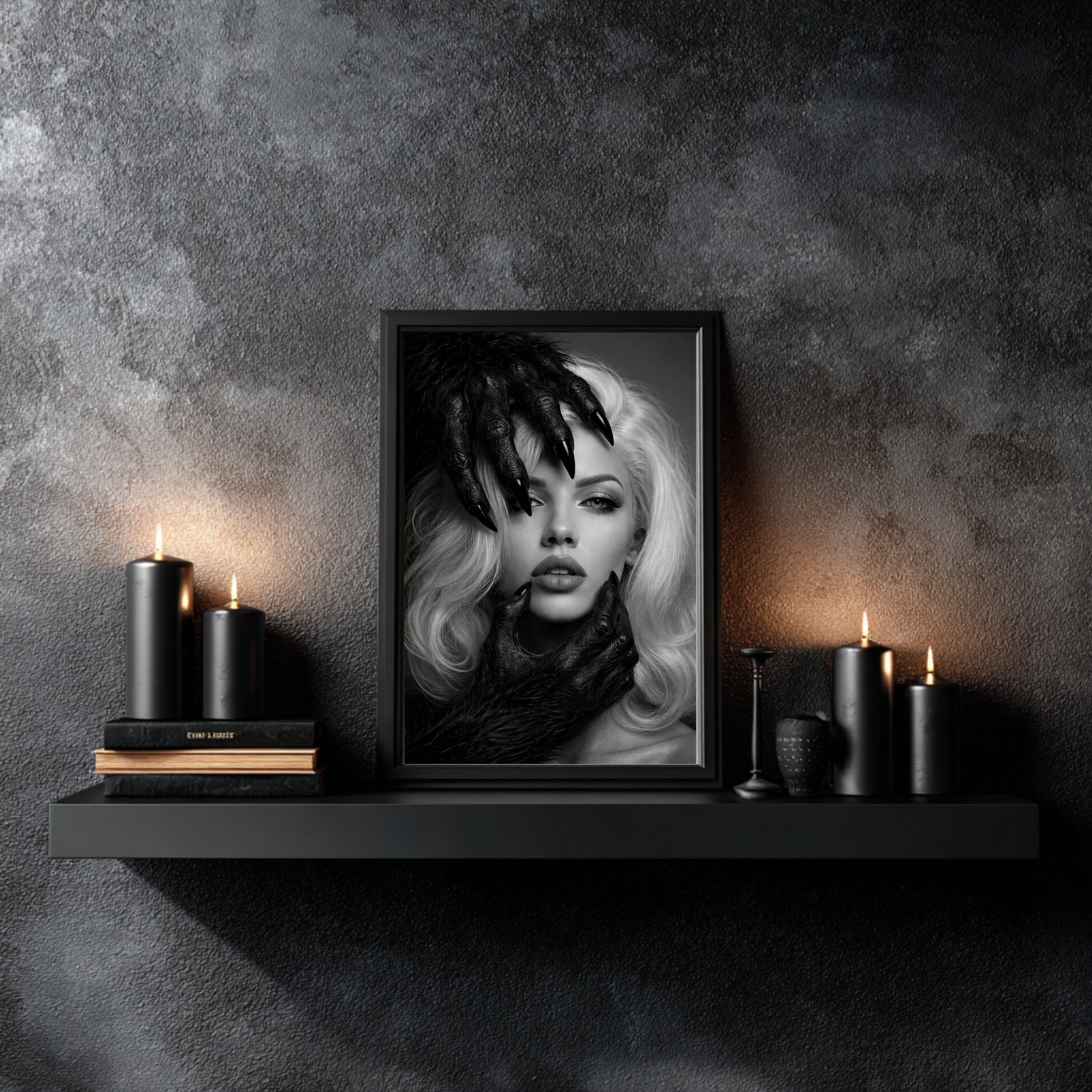Black and white surreal woman portrait wall art displayed on dark floating shelf with candles, modern monochrome statement art print in moody interior decor setting