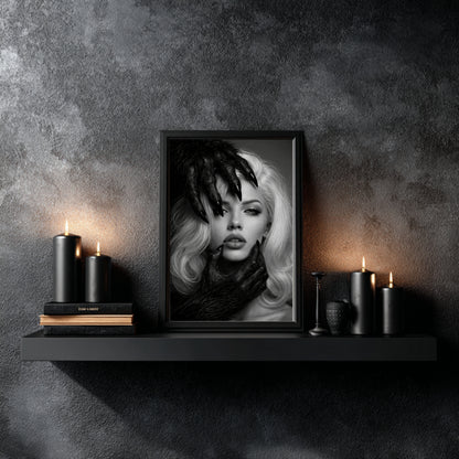 Black and white surreal woman portrait wall art displayed on dark floating shelf with candles, modern monochrome statement art print in moody interior decor setting