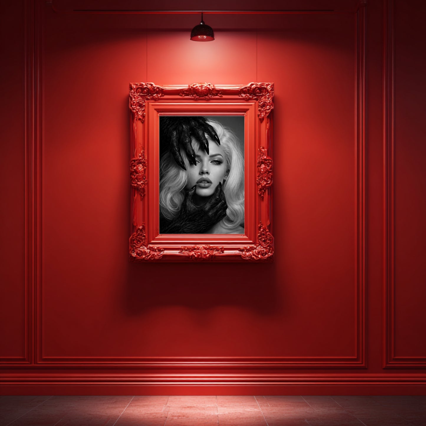 Black and white surreal woman portrait wall art in ornate red frame on dramatic red gallery wall, gothic monochrome statement artwork with dark claw hands and luxury interior styling