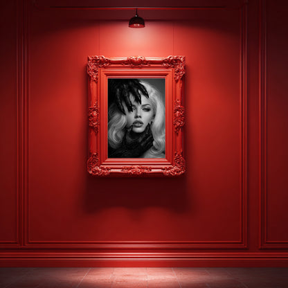 Black and white surreal woman portrait wall art in ornate red frame on dramatic red gallery wall, gothic monochrome statement artwork with dark claw hands and luxury interior styling