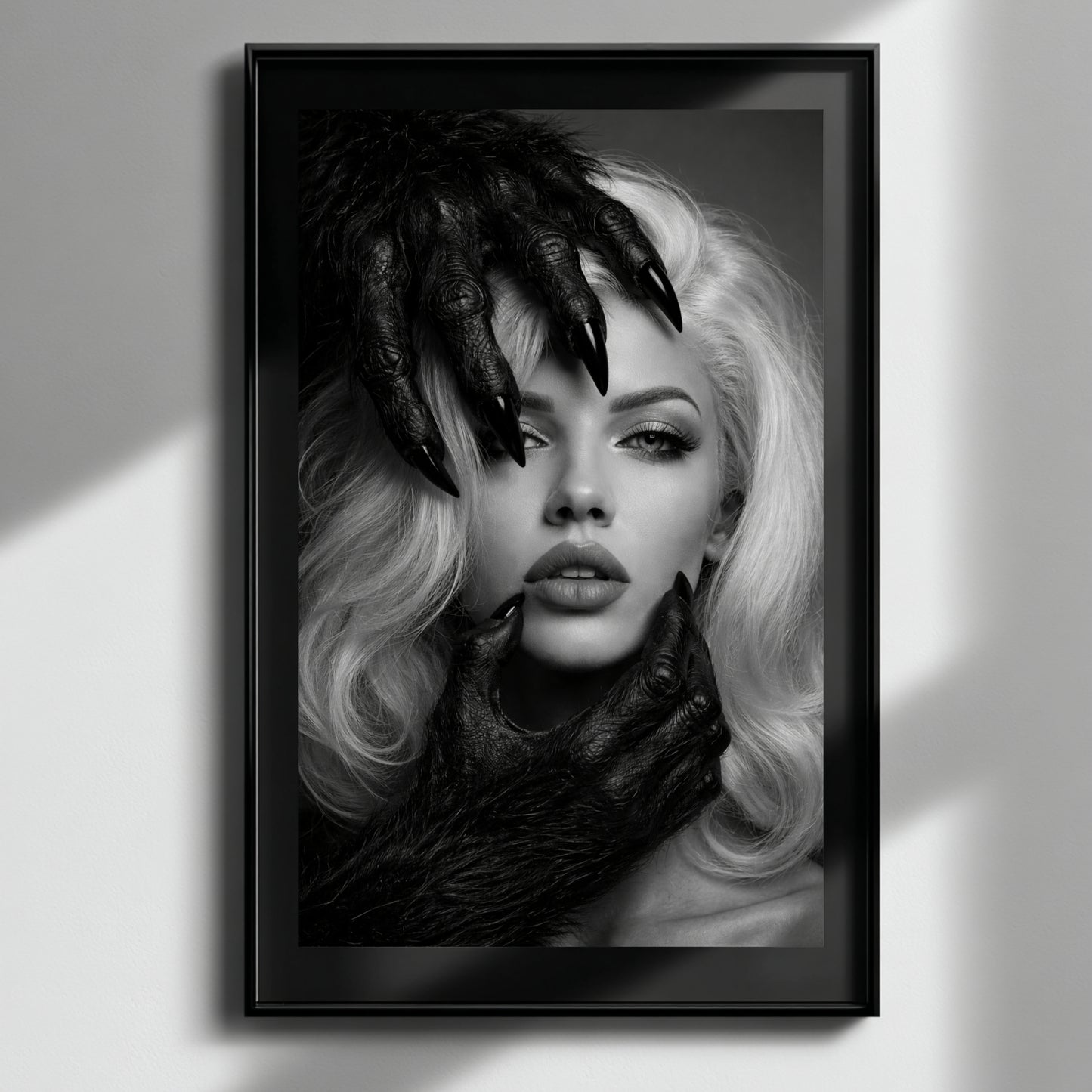 Black and white surreal woman portrait wall art with dramatic shadow lighting, vertical monochrome statement art print for modern home decor