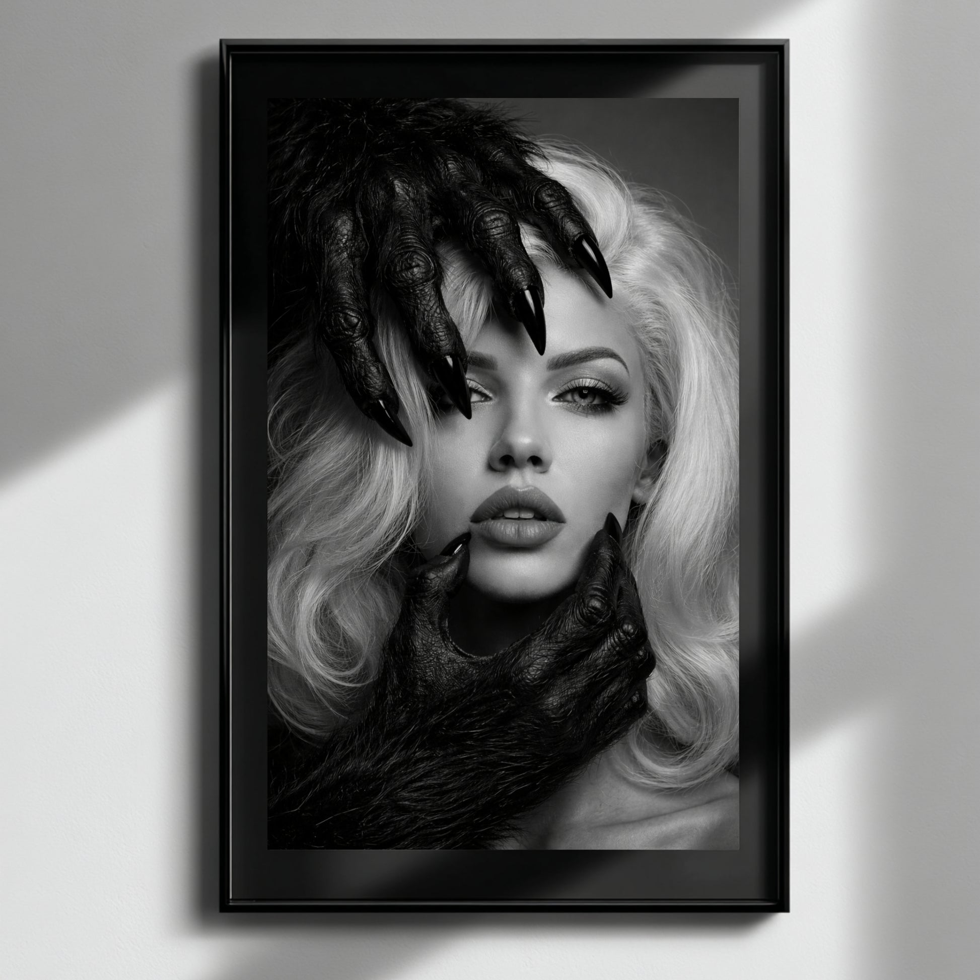 Black and white surreal woman portrait wall art with dramatic shadow lighting, vertical monochrome statement art print for modern home decor