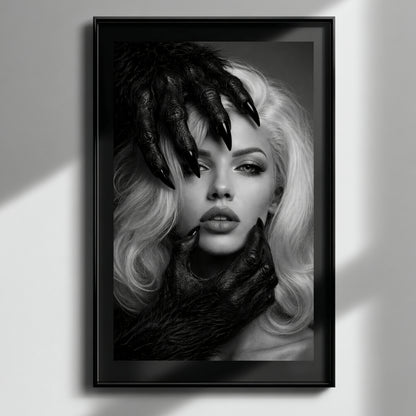 Black and white surreal woman portrait wall art with dramatic shadow lighting, vertical monochrome statement art print for modern home decor