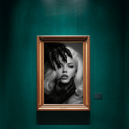 Black and white surreal woman portrait wall art in ornate gold frame on emerald green gallery wall, contemporary monochrome statement artwork for luxury interiors