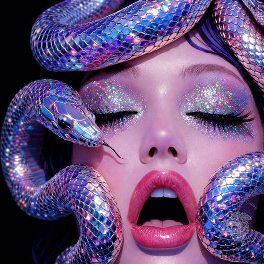 Surreal serpent portrait wall art above modern black sofa styled as bold vertical statement piece for contemporary interiors