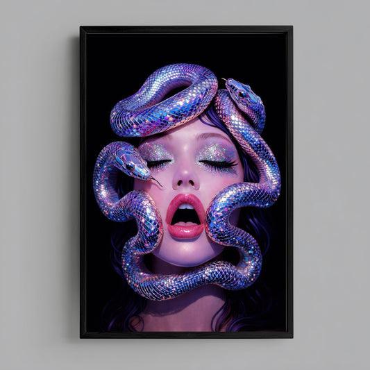 Modern serpent portrait wall art framed in black against white gallery wall showcasing symbolic surreal snake woman artwork
