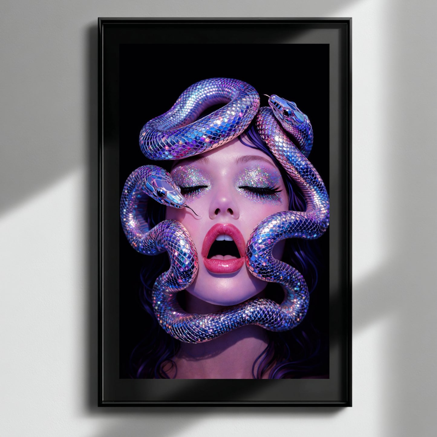 Modern surreal serpent portrait wall art framed in black on minimal white wall creating bold contemporary focal artwork