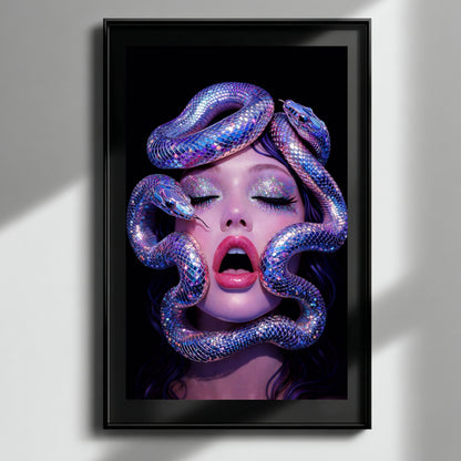 Modern surreal serpent portrait wall art framed in black on minimal white wall creating bold contemporary focal artwork