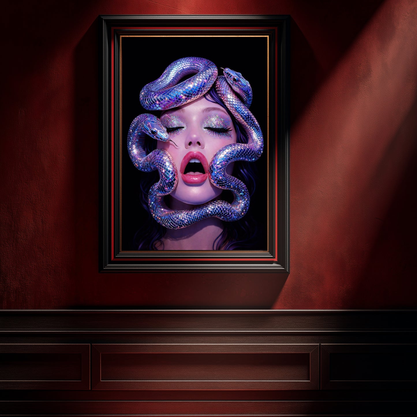 Modern serpent portrait wall art in ornate frame on deep red wall featuring surreal snake woman artwork with iridescent serpents and glitter makeup