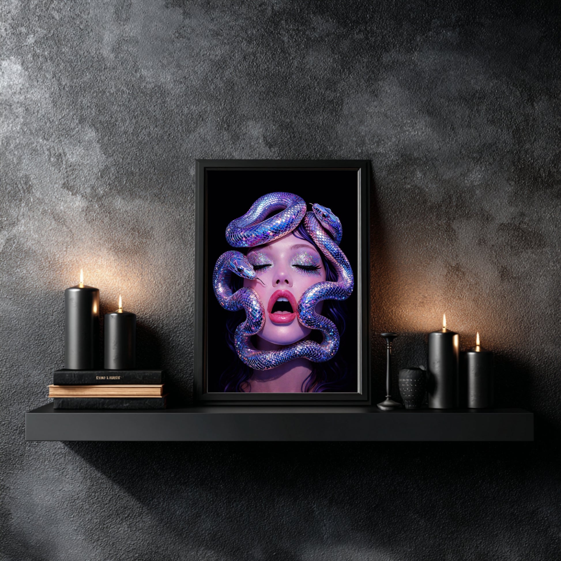 Surreal serpent woman wall art framed in black above dark shelf with candles creating high-contrast modern statement wall decor