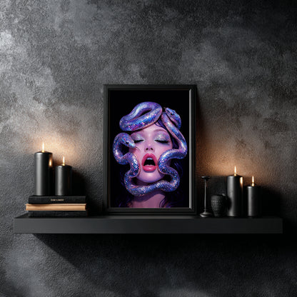 Surreal serpent woman wall art framed in black above dark shelf with candles creating high-contrast modern statement wall decor